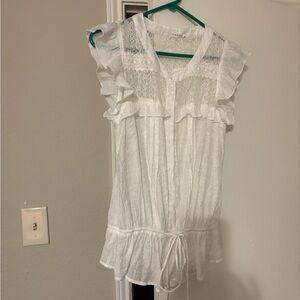 Blue Bird L White Lace-Trim Flutter Sleeve Tie-Waist Blouse #7